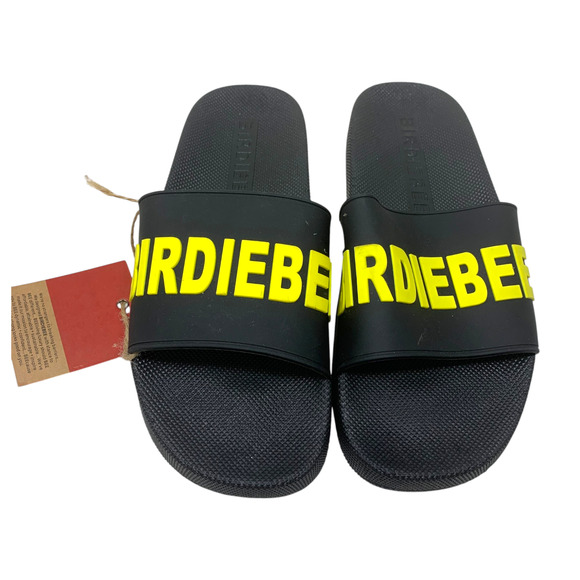 NEW Birdibee Double BB Women's Sz 8 Black Rubber Spellout Slide Pool Sandals NWT - Picture 1 of 8